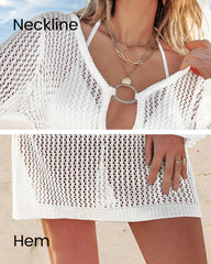 Deep Plunge Long Sleeve Beach Crochet Cover Up Dress