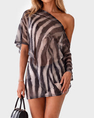 Animal-Print Sheer Shawl Top & Mini Skirt Set
