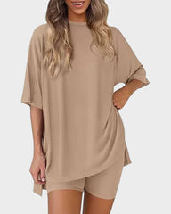 Casual Oversized 2-Piece Lounge Set with Crewneck & Split Hem