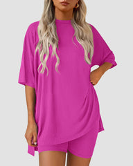 Casual Oversized 2-Piece Lounge Set with Crewneck & Split Hem