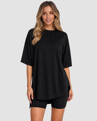 Casual Oversized 2-Piece Lounge Set with Crewneck & Split Hem