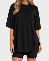 Casual Oversized 2-Piece Lounge Set with Crewneck & Split Hem