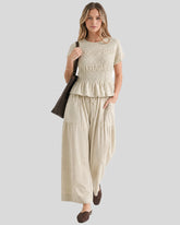 Cotton Smocked Top & Wide-Leg Pants Set with Pockets
