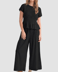 Cotton Smocked Top & Wide-Leg Pants Set with Pockets