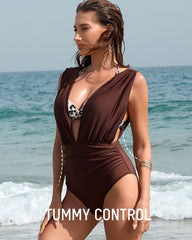 Two-Piece Deep Plunge Swimsuit with Halter Bra Overlay