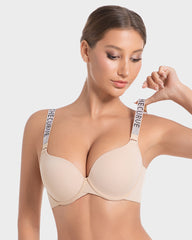 Deep V Push-Up Underwire Bra with Rhinestone Strap