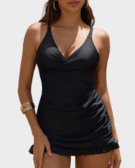 Deep V Cross-Back Ruched One-Piece Swimsuit