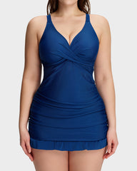 Deep V Cross-Back Ruched One-Piece Swimsuit
