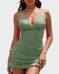 Deep V Cross-Back Ruched One-Piece Swimsuit