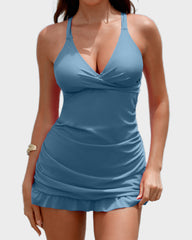 Deep V Cross-Back Ruched One-Piece Swimsuit