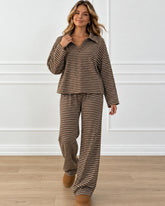 Drop Shoulder Striped Collared Long Sleeve Set