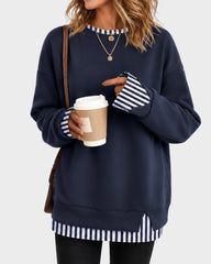 Faux-Layer Rib-Trim Oversized Crewneck Sweatshirt