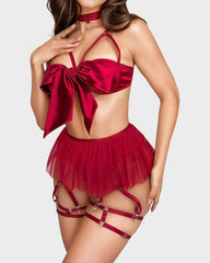 Festive Silk Bow Cut-Out Sexy Lingerie Set