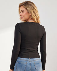 Fitted Ribbed Cutout Button-Detail Long-Sleeve Top
