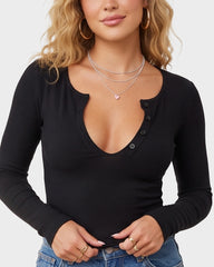 Fitted Ribbed Cutout Button-Detail Long-Sleeve Top