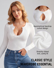 Fitted Ribbed Cutout Button-Detail Long-Sleeve Top