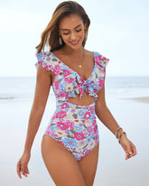 Floral Ruffle V-Neck Cutout One-Piece Swimsuit