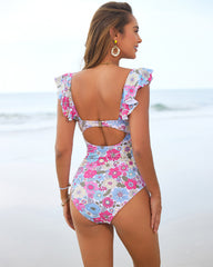 Floral Ruffle V-Neck Cutout One-Piece Swimsuit