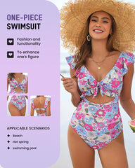 Floral Ruffle V-Neck Cutout One-Piece Swimsuit