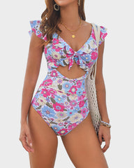 Floral Ruffle V-Neck Cutout One-Piece Swimsuit