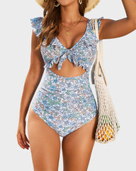 Floral Ruffle V-Neck Cutout One-Piece Swimsuit