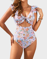 Floral Ruffle V-Neck Cutout One-Piece Swimsuit