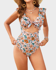 Floral Ruffle V-Neck Cutout One-Piece Swimsuit