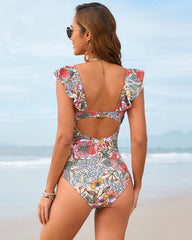 Floral Ruffle V-Neck Cutout One-Piece Swimsuit