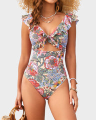 Floral Ruffle V-Neck Cutout One-Piece Swimsuit