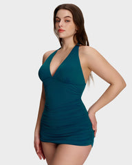 Halter V-Neck Tummy Control Swim Dress – 2-Piece Set