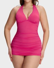 Halter V-Neck Tummy Control Swim Dress – 2-Piece Set