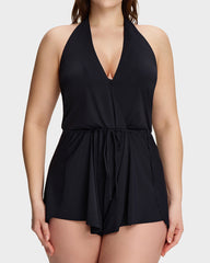 Halter V-Neck Tummy Control Swim Romper Set
