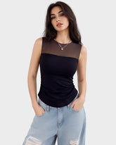 Illusion-Mesh Ruched Top with Built-In Cups
