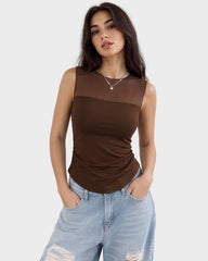 Illusion-Mesh Ruched Top with Built-In Cups
