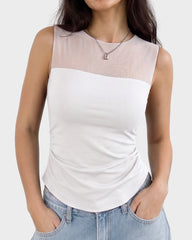 Illusion-Mesh Ruched Top with Built-In Cups