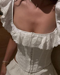 Lace-Up Eyelet Corset Top with Ruffle Off-Shoulder Neckline