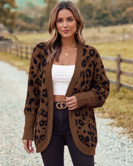 Leopard-Print Open-Front Knit Cardigan with Pockets
