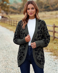 Leopard-Print Open-Front Knit Cardigan with Pockets