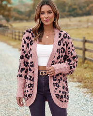 Leopard-Print Open-Front Knit Cardigan with Pockets