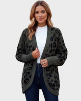 Leopard-Print Open-Front Knit Cardigan with Pockets