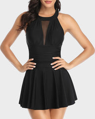 Mesh Skirt One-Piece Swimsuit with Built-In Bikini Bottom