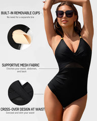 Metallic Accent Mesh Panel One-Piece Swimsuit