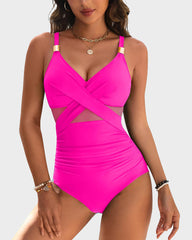 Metallic Accent Mesh Panel One-Piece Swimsuit