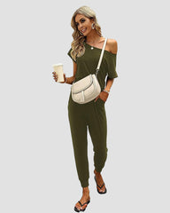 Off-Shoulder Short Sleeve Beam Foot Jumpsuit