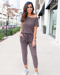 Off-Shoulder Short Sleeve Beam Foot Jumpsuit