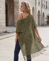 Open-Front Crochet Tassel Kimono Cardigan