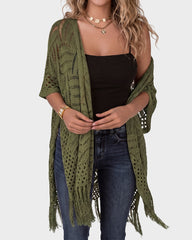 Open-Front Crochet Tassel Kimono Cardigan