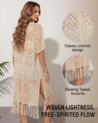 Open-Front Crochet Tassel Kimono Cardigan