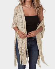 Open-Front Crochet Tassel Kimono Cardigan