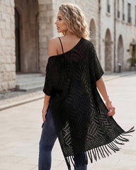 Open-Front Crochet Tassel Kimono Cardigan